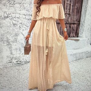 Elegant Off-Shoulder Cream Maxi Dress